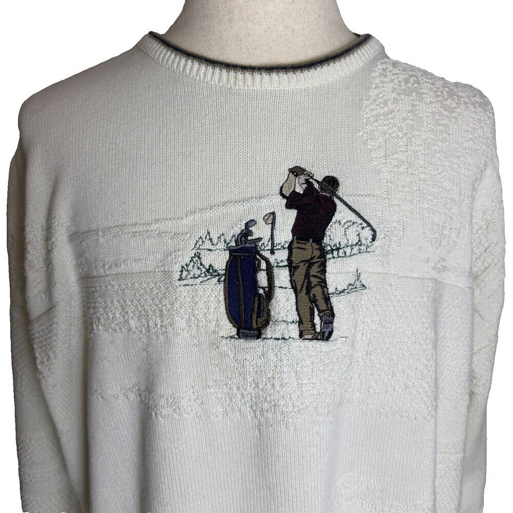 Vintage Pinnacle Men's Golf Sweater, Sz XXL, Embroidered Golfer, Beige and Cream